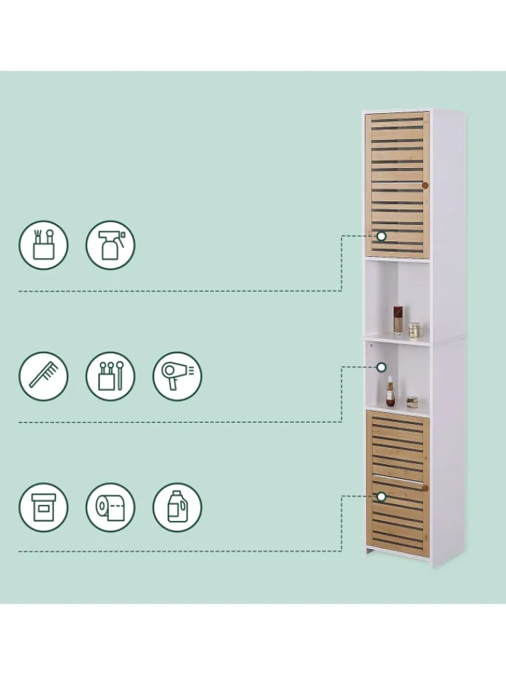 relaxdays Badmöbel<Badezimmerschrank in Weiß/ Natur - (B)34 x (H)190 x (T)29 cm