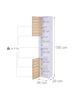 relaxdays Badmöbel<Badezimmerschrank in Weiß/ Natur - (B)34 x (H)190 x (T)29 cm