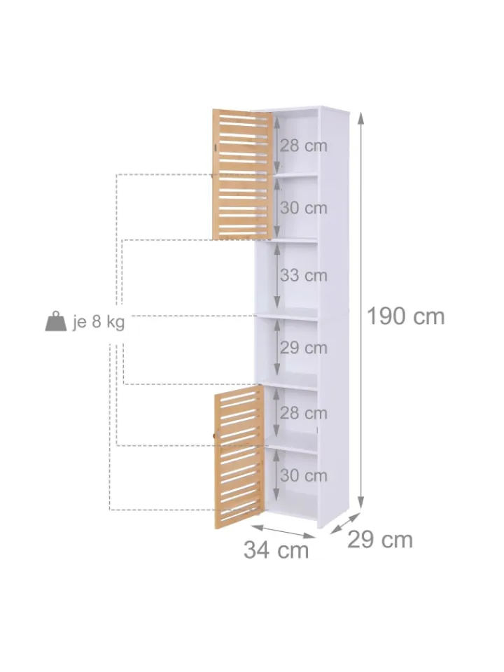 relaxdays Badmöbel<Badezimmerschrank in Weiß/ Natur - (B)34 x (H)190 x (T)29 cm