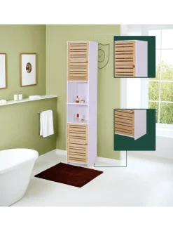 relaxdays Badmöbel<Badezimmerschrank in Weiß/ Natur - (B)34 x (H)190 x (T)29 cm