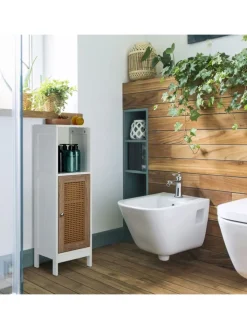 relaxdays Badmöbel<Badezimmerschrank in Weiß/ Natur - (B)30 x (H)96,5 x (T)30 cm