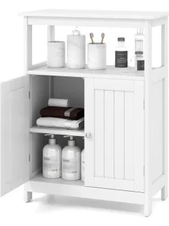 COSTWAY Badezimmermöbel<Badezimmerschrank mit Doppeltür & Ablagen in Weiß