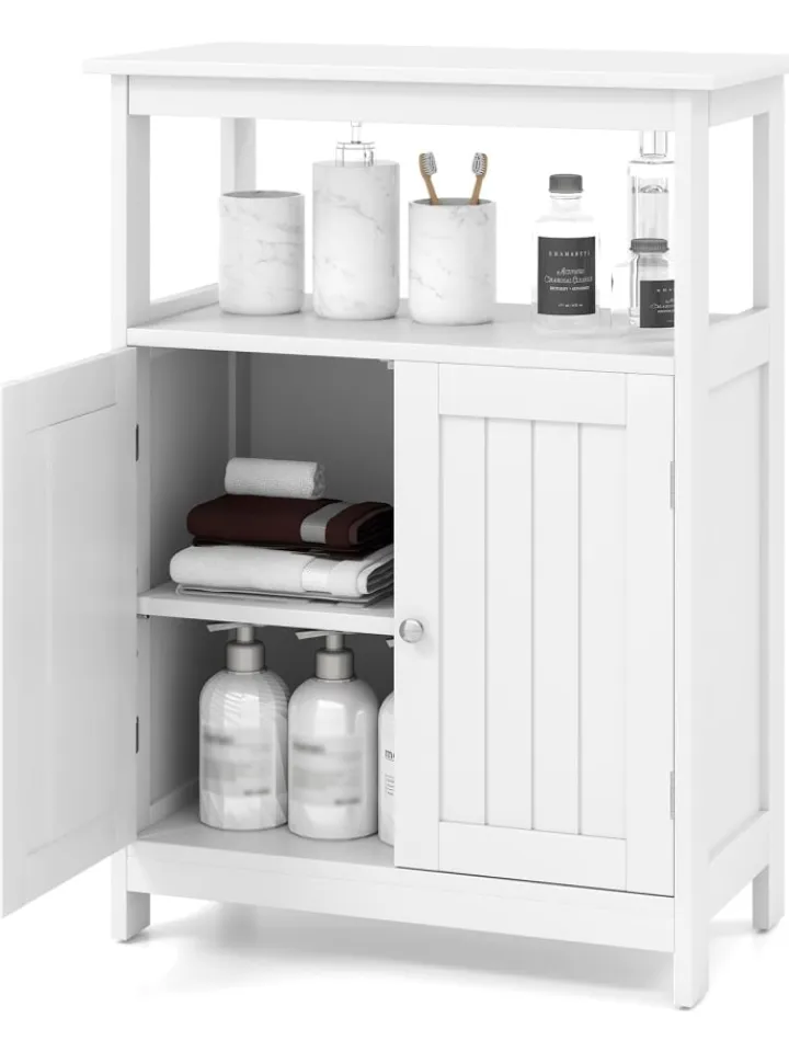 COSTWAY Badezimmermöbel<Badezimmerschrank mit Doppeltür & Ablagen in Weiß