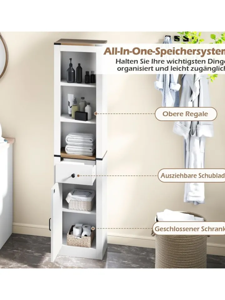 COSTWAY Badezimmermöbel<Badezimmerschrank schmal 40 x 24 x 173cm in Weiß