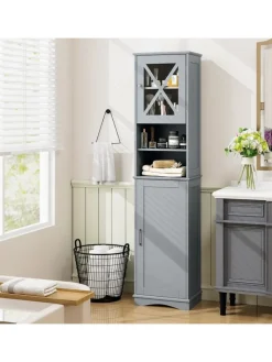 COSTWAY Badmöbel<Badezimmerschrank schmal in Grau