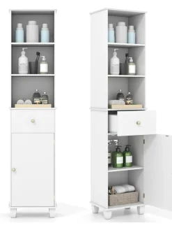 COSTWAY Badmöbel<Badezimmerschrank schmal 40 x 30 x 172 cm in Weiß