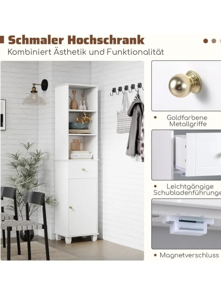 COSTWAY Badmöbel<Badezimmerschrank schmal 40 x 30 x 172 cm in Weiß