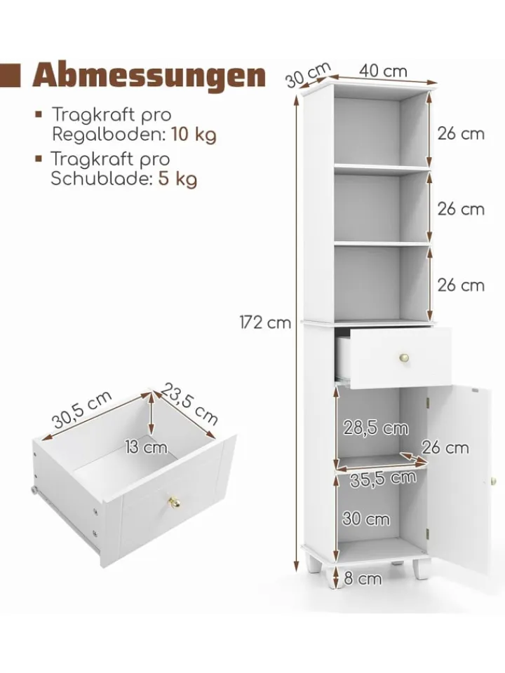 COSTWAY Badmöbel<Badezimmerschrank schmal 40 x 30 x 172 cm in Weiß