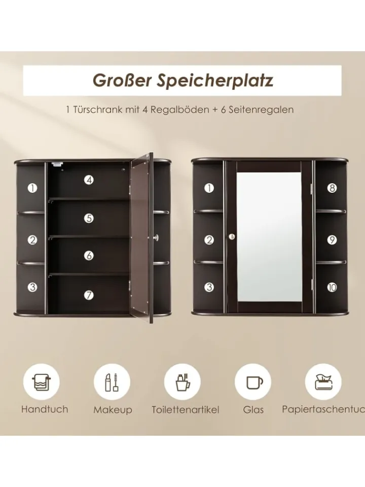 COSTWAY Badmöbel<Badezimmerspiegelschrank in Braun