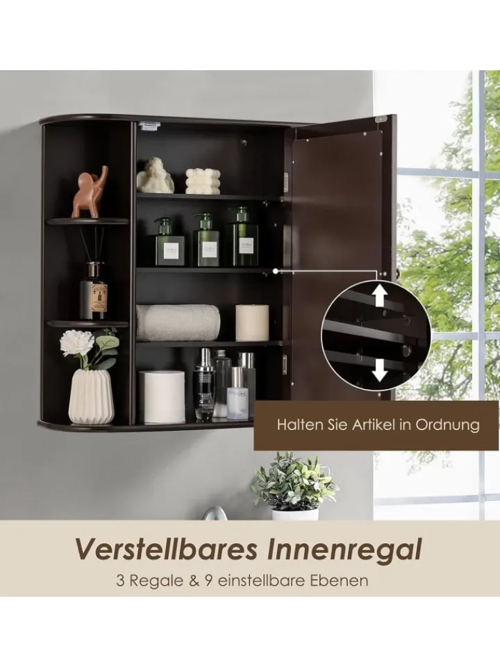 COSTWAY Badmöbel<Badezimmerspiegelschrank in Braun