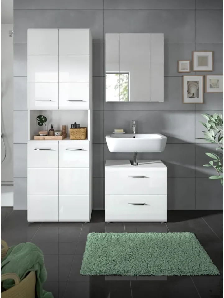 xonox.home Badezimmermöbel<Badkombination in Weiß/Weiß Hochglanz - (B) 135 x (H) 185 x (T) 30