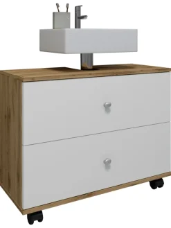 VCM Badmöbel<Badmöbel Badunterschrank Rollen Schublade Nilosi L in Honig-Eiche / Weiß