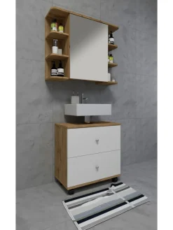 VCM Badmöbel<Badmöbel Badunterschrank Rollen Schublade Nilosi L in Honig-Eiche / Weiß