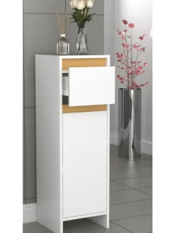 VCM Badmöbel<Badmöbel Midischrank Badschrank Schublade Malira in Weiß / Honig-Eiche