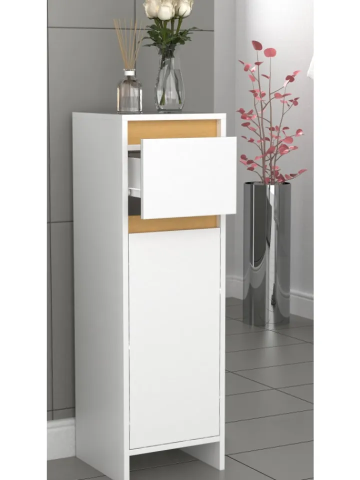 VCM Badmöbel<Badmöbel Midischrank Badschrank Schublade Malira in Weiß / Honig-Eiche