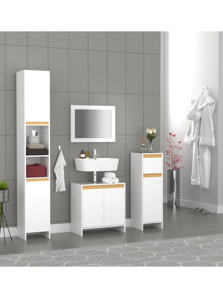VCM Badmöbel<Badmöbel Midischrank Badschrank Schublade Malira in Weiß / Honig-Eiche