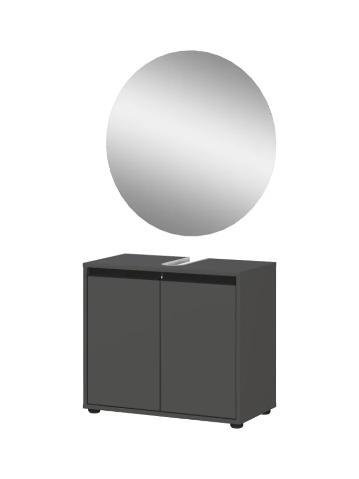 KADIMA DESIGN Badezimmermöbel<Badmöbel Set 2-tlg. Waschbeckunterschrank, Runder Spiegel, Badset in Graphit