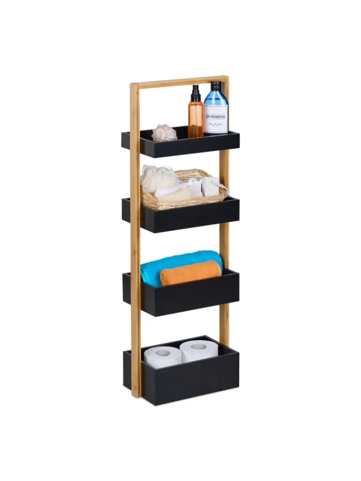 relaxdays Badmöbel|Badezimmermöbel<Badregal in Natur/ Schwarz - (B)30 x (H)88 x (T)18 cm