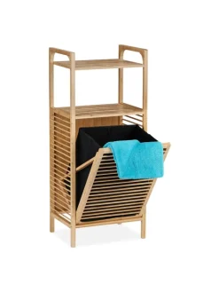 relaxdays Wäschekörbe & -Ständer<Badregal mit Wäschekorb in Natur/ Schwarz - (B)40 x (H)95 x (T)30 cm