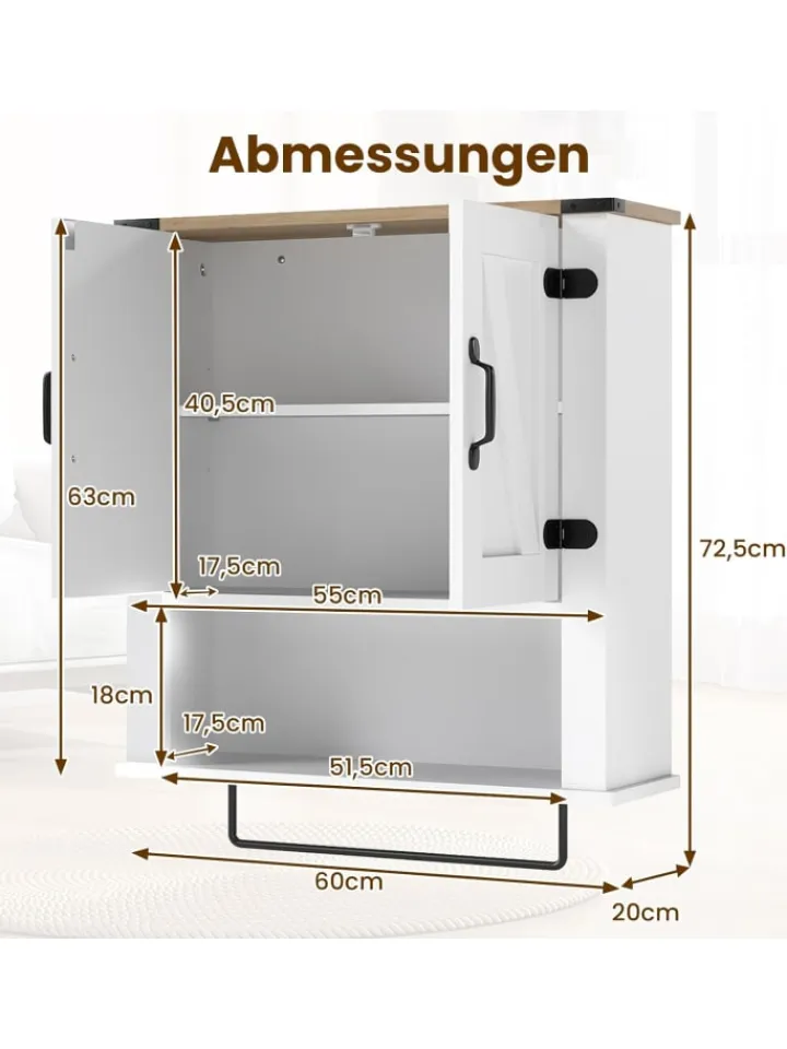 COSTWAY Badmöbel|Badezimmermöbel<Badschrank hängend 60 x 20 x 72,5 cm in Weiß