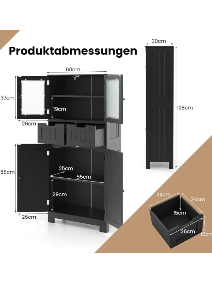 COSTWAY Badmöbel<Badschrank mit 2 Schubladen in Schwarz