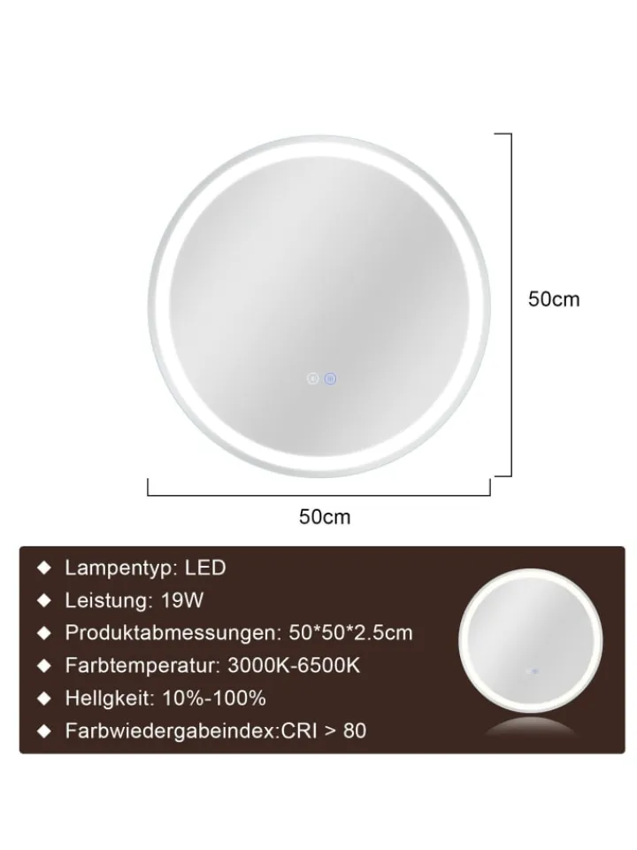 ZMH Spiegel<Badspiegel mit Beleuchtung in nickel rund Ø50cm Dimmbar mit Touch-Schalter