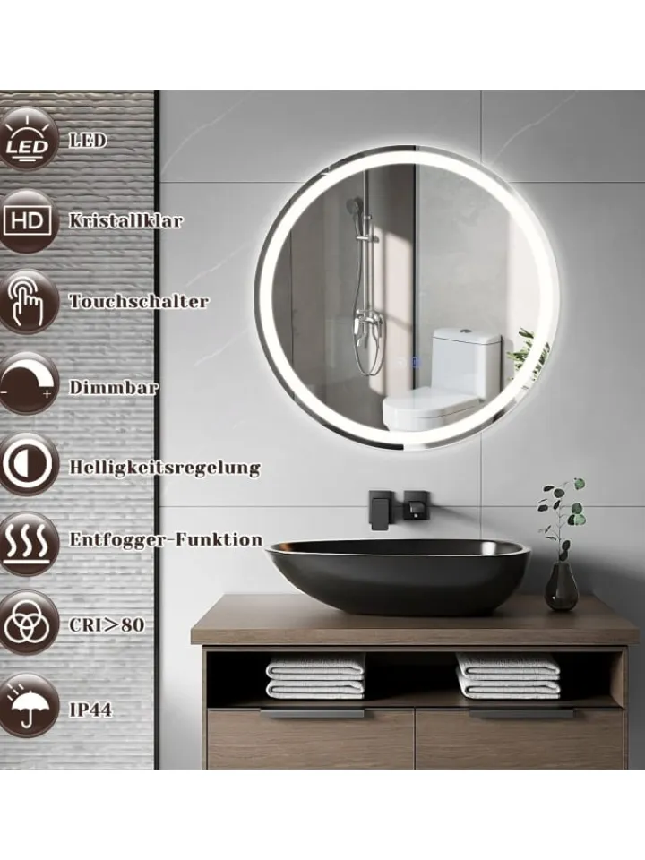 ZMH Spiegel<Badspiegel mit Beleuchtung in nickel rund Ø50cm Dimmbar mit Touch-Schalter