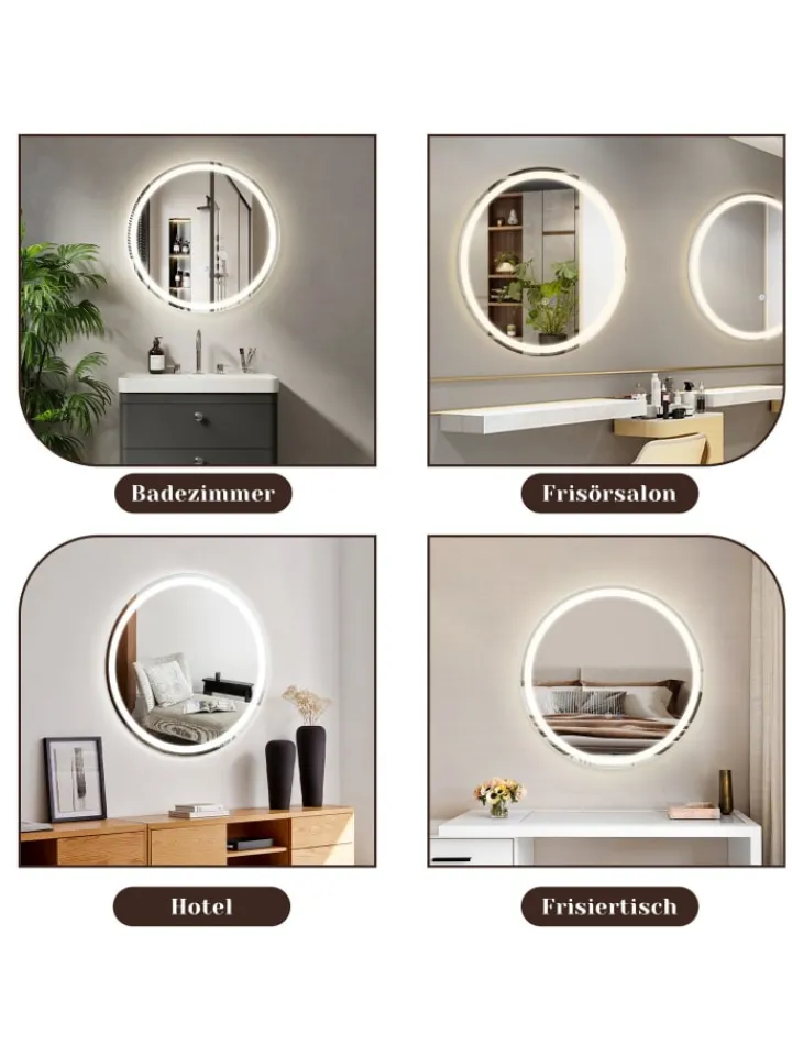 ZMH Spiegel<Badspiegel mit Beleuchtung in nickel rund Ø50cm Dimmbar mit Touch-Schalter