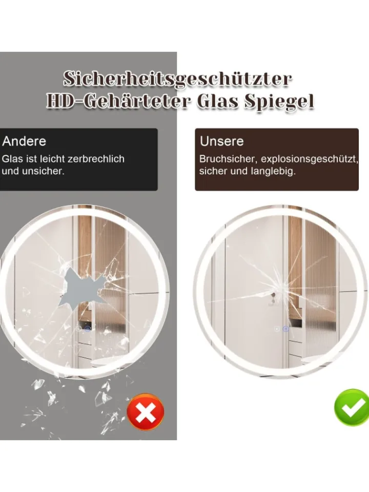 ZMH Spiegel<Badspiegel mit Beleuchtung in nickel rund Ø50cm Dimmbar mit Touch-Schalter