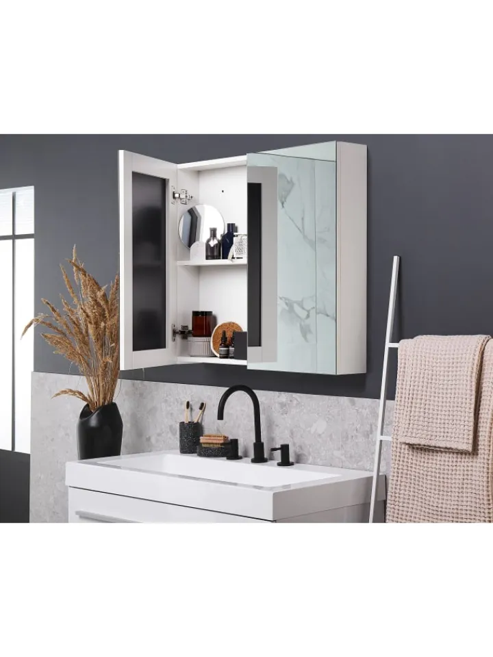 Beliani Badezimmermöbel<Bad-Spiegelschrank NAVARRA in Weiß/Silber - (W) 80 x (H) 70 x (L) 14 cm