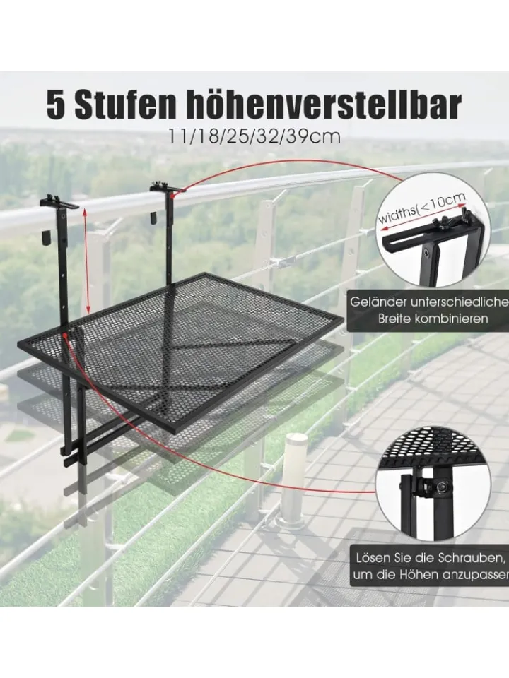 COSTWAY Gartenmöbel<Balkonhängetisch 5-stufig höhenverstellbar in Schwarz