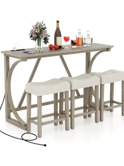 COSTWAY Möbel-Sets<Bartisch Set Massivholz mit 3er Set Barhocker in Beige