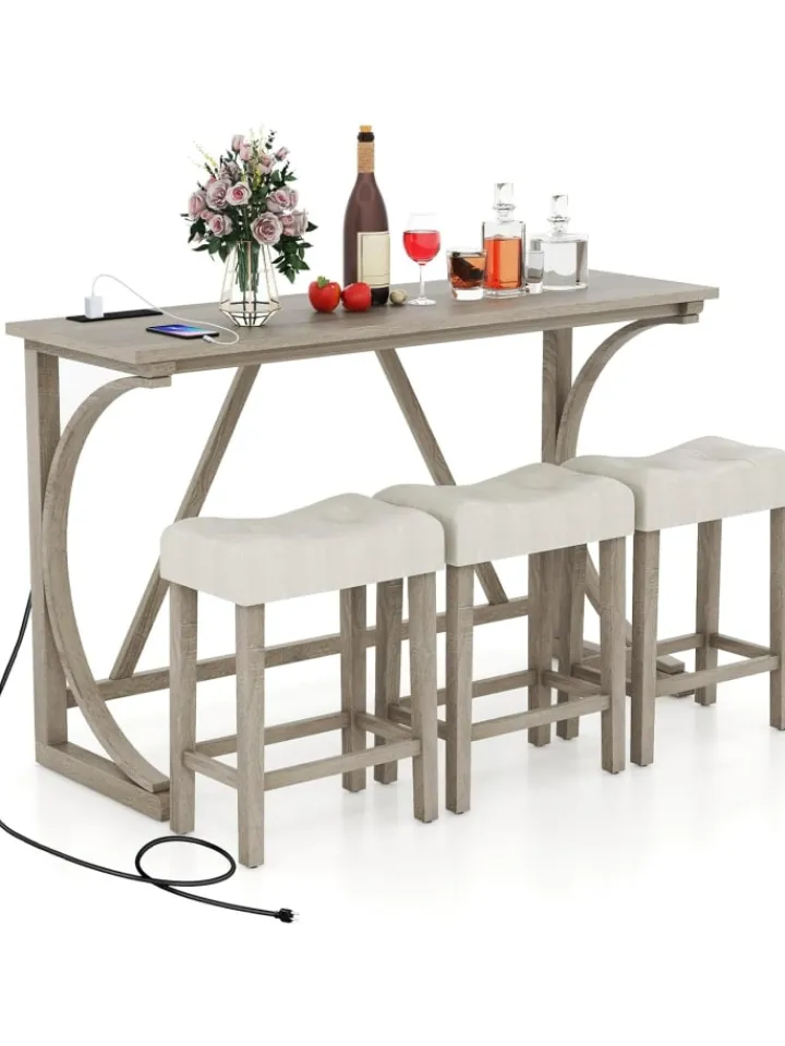 COSTWAY Möbel-Sets<Bartisch Set Massivholz mit 3er Set Barhocker in Beige