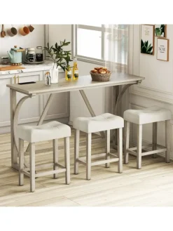 COSTWAY Möbel-Sets<Bartisch Set Massivholz mit 3er Set Barhocker in Beige