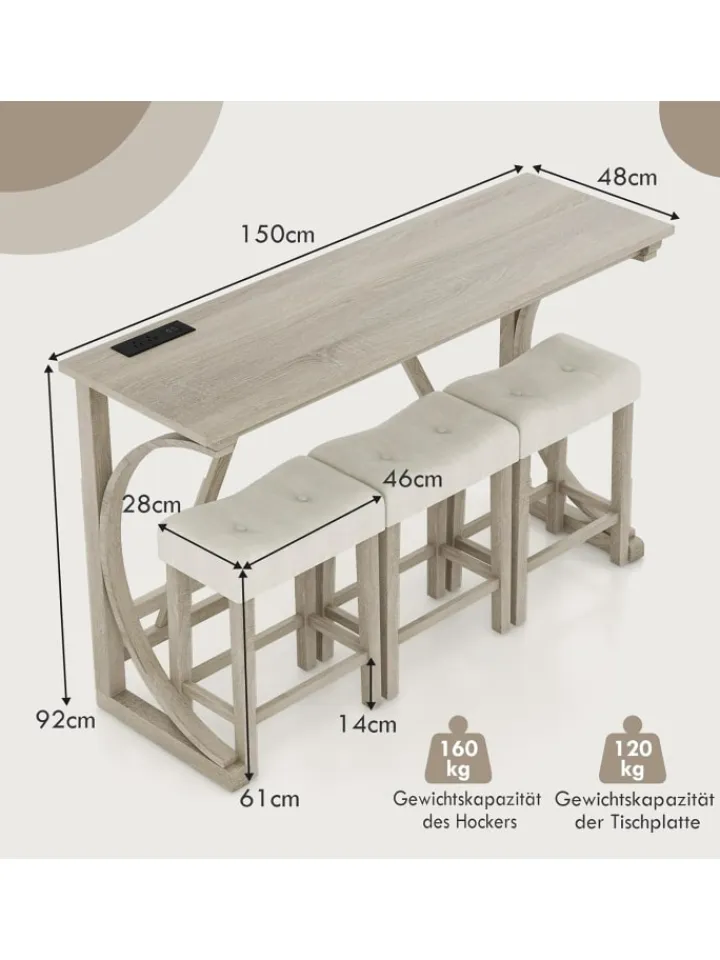 COSTWAY Möbel-Sets<Bartisch Set Massivholz mit 3er Set Barhocker in Beige