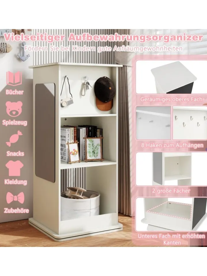 COSTWAY Kindermöbel<Bücherregal Kinder drehbar mit Tafel & Spiegel in Weiß