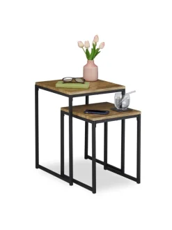 relaxdays Tische<Beistelltisch 2er Set in Holzoptik/ Schwarz