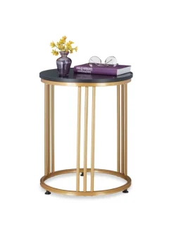 relaxdays Tische<Beistelltisch "MARMO" in Schwarz/ Gold - (H)51 x Ø 41 cm