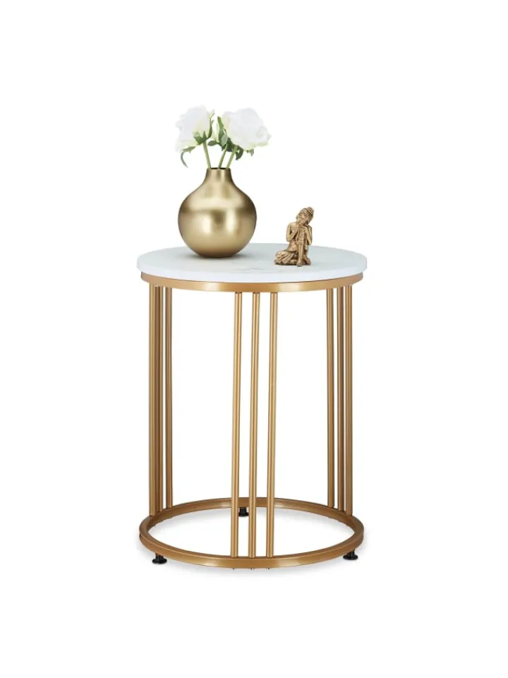 relaxdays Tische<Beistelltisch "MARMO" in Weiß/ Gold - (H)51 x Ø 41 cm
