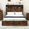 COSTWAY Betten & Matratzen<Bett mit Ladestation in Braun