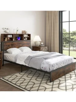COSTWAY Betten & Matratzen<Bett mit Ladestation in Braun