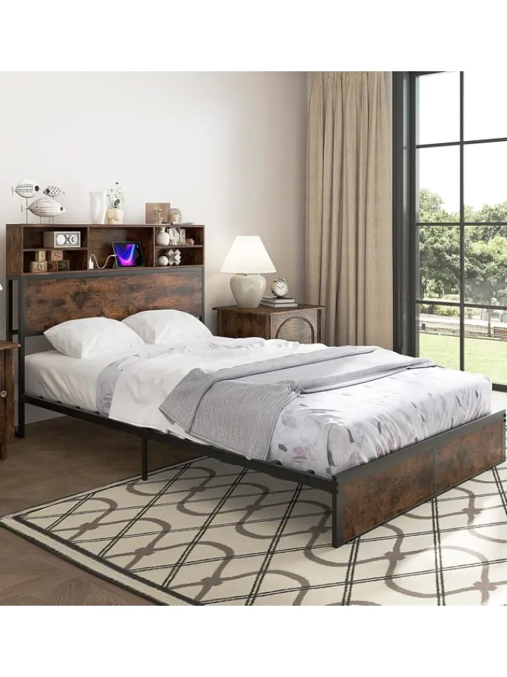 COSTWAY Betten & Matratzen<Bett mit Ladestation in Braun