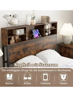COSTWAY Betten & Matratzen<Bett mit Ladestation in Braun