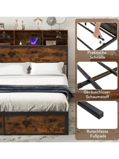 COSTWAY Betten & Matratzen<Bett mit Ladestation in Braun