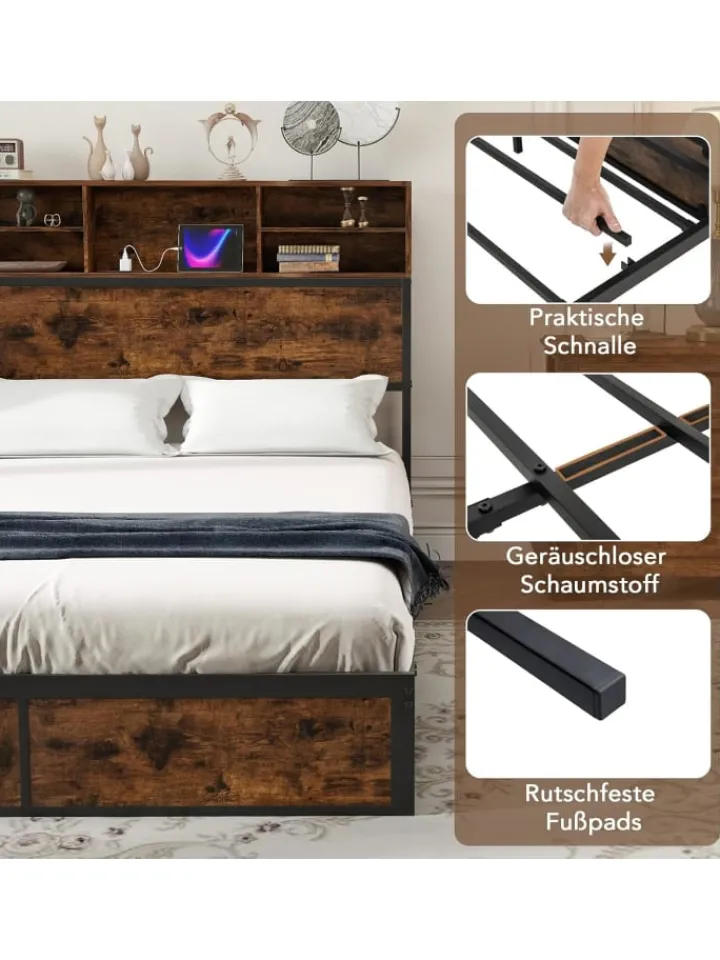 COSTWAY Betten & Matratzen<Bett mit Ladestation in Braun