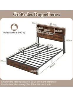 COSTWAY Betten & Matratzen<Bett mit Ladestation in Braun