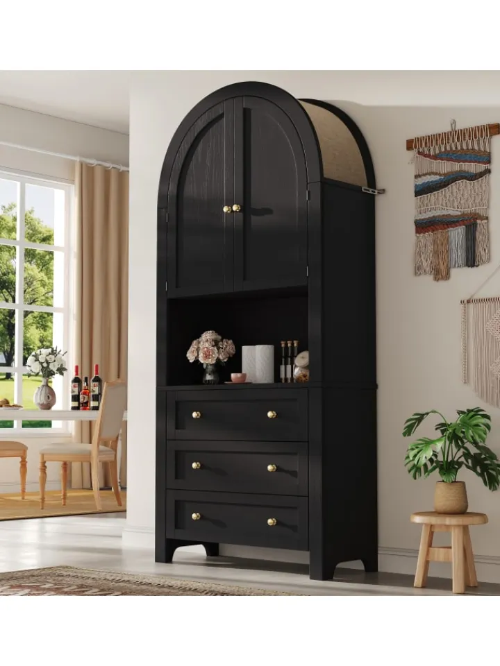 ABRIHOME Regale & Schränke<Bogenschrank in Schwarz mit Schubladen Türen und offenem Regal Hoch