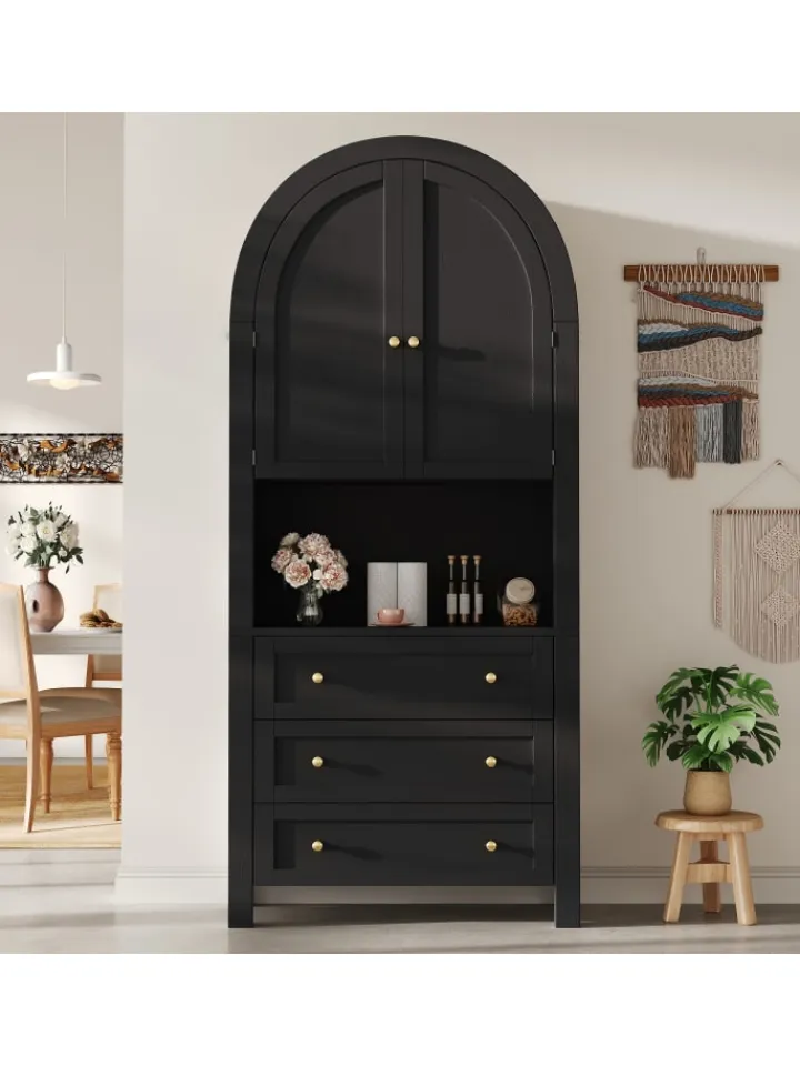 ABRIHOME Regale & Schränke<Bogenschrank in Schwarz mit Schubladen Türen und offenem Regal Hoch