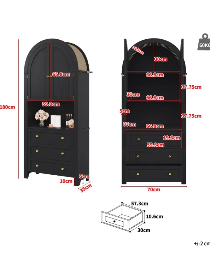 ABRIHOME Regale & Schränke<Bogenschrank in Schwarz mit Schubladen Türen und offenem Regal Hoch