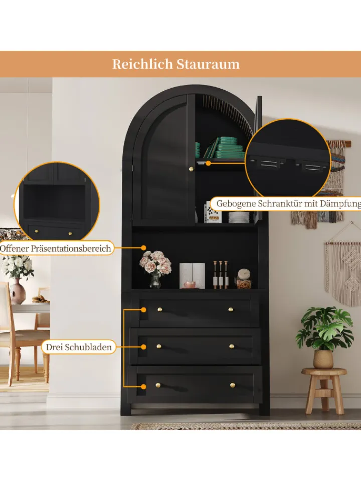 ABRIHOME Regale & Schränke<Bogenschrank in Schwarz mit Schubladen Türen und offenem Regal Hoch